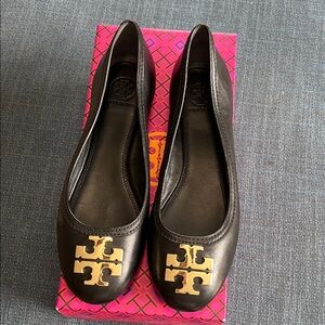 Tory Burch Black Flats with Gold Logo